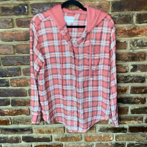 American Eagle Coral Pink Plaid Flannel button Down Hoodie Top Womens Size Small - Picture 1 of 6